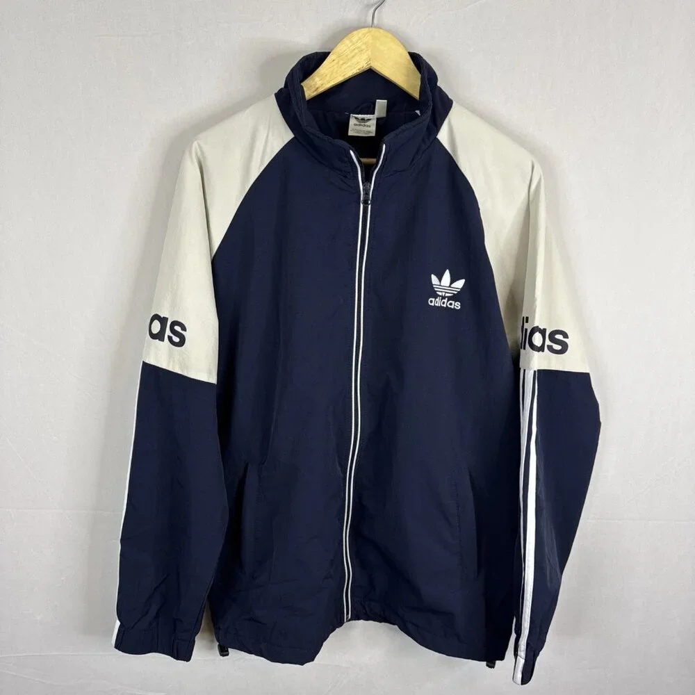 Adidas Originals Full ZipJacket Men XL Navy Trefoil Logo Sleeve Retro Spellout‎
